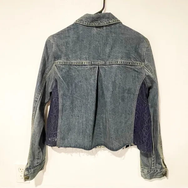 Free People Womens Size Small Lace Panel Denim Jean Jacket‎ - Image 5