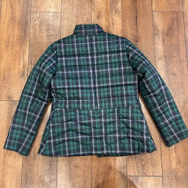 J. Crew Womens Puffer Jacket Size Small Green Tartan Plaid Zip Front (NO BELT) - Image 11