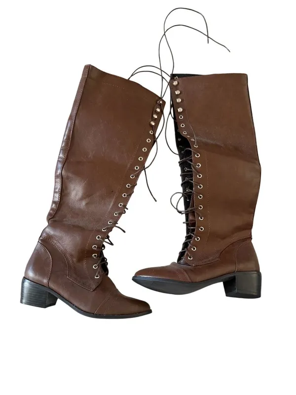 BROWN Laceup Librarian Boots Booties Size 37 / 7 - Image 8