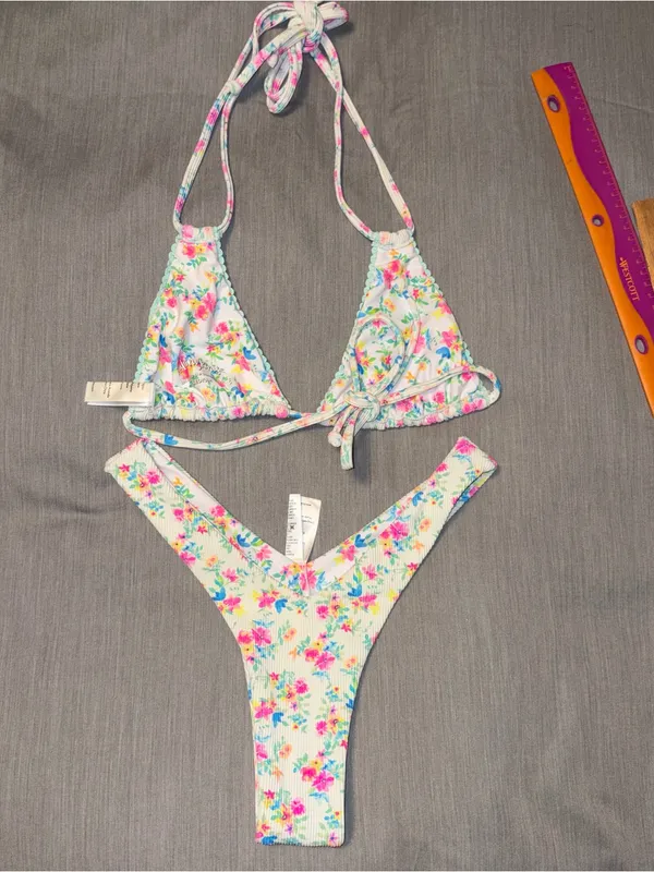Kulani Kinis Bikini Set Medium Halter & Y Bottom, Forever Fairytale White Floral - Image 7