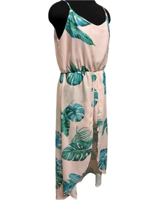 Pink Lily Boutique Pink & Green Palm Maxi Romper with Train Size L (19” PTP) - Image 3