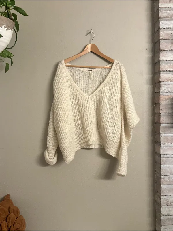 Free People‎ Cream V-Neck Textured Knit Sweater - Image 2