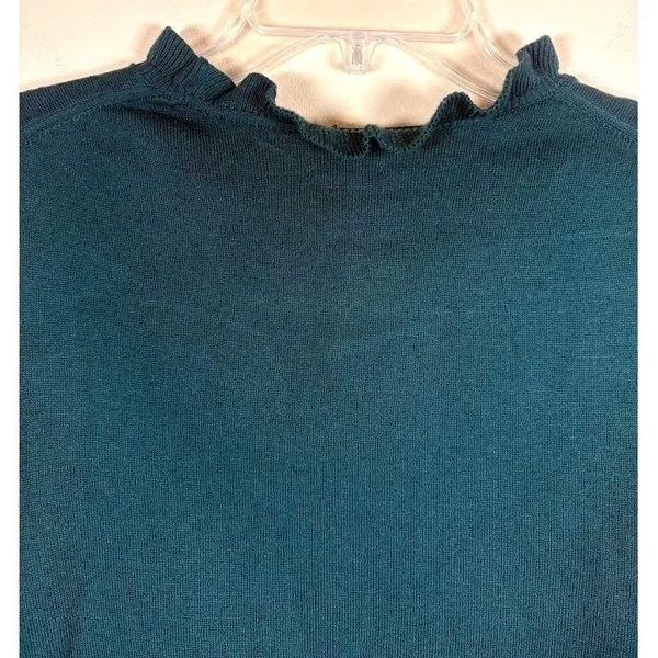 J Crew Green Ribbed Ruffle Neck Long Sleeve‎ Cotton Sweater Women's Medium - Image 7