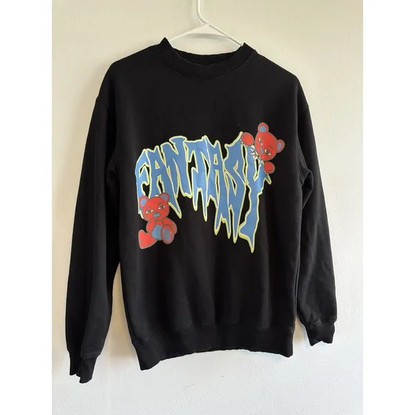 Unisex Bershka Sweatshirt Graphic Print‎ Teddy Bear XS Spell Out Fantasy Black - Image 2