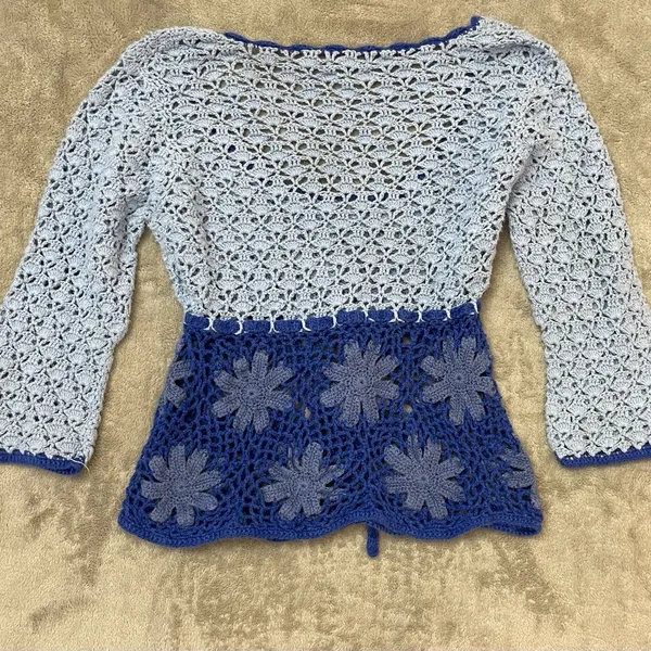 🩷Vintage Crochet Floral Periwinkle Blue Knit Handwoven Knit Pullover Sweater - Image 4