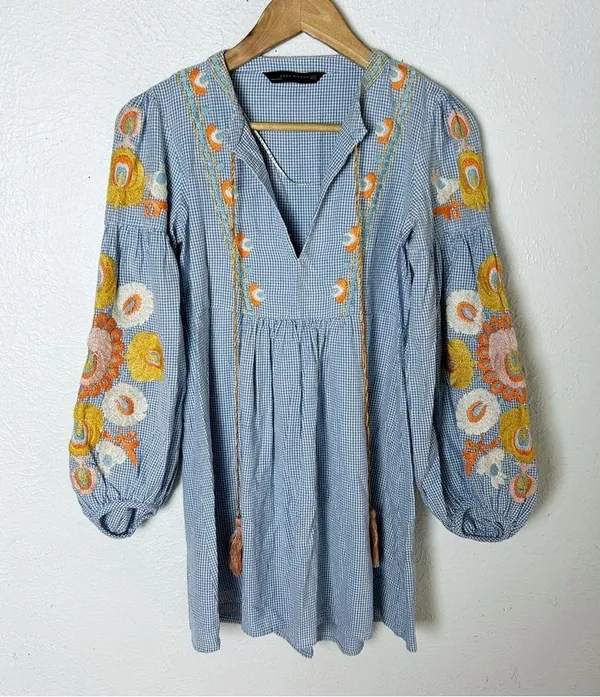 Zara gingham Plaid Embroidered Mini Dress Floral Balloon Sleeves Sz Small - Image 2