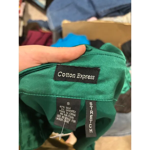 Cotton Express y2k Silk Blouse Emerald Green preppy Satin Smocked Puff Sleeve Top Small - Image 2