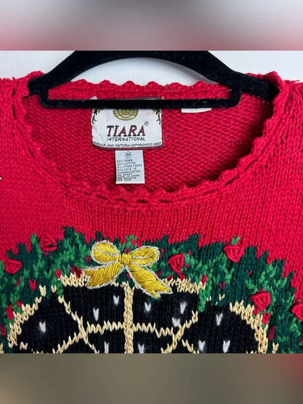 Vintage 90s Tiara International Red Christmas Sweater Sz Medium Teddy Bear Tree - Image 5