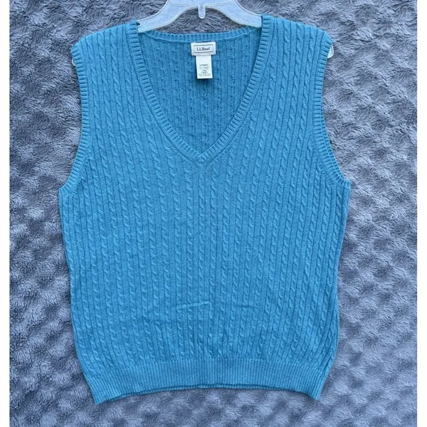 VTG LL Bean Cable Sweater Vest L-REG Wool/Cashmere Cable Knit Teal Green Preppy - Image 5