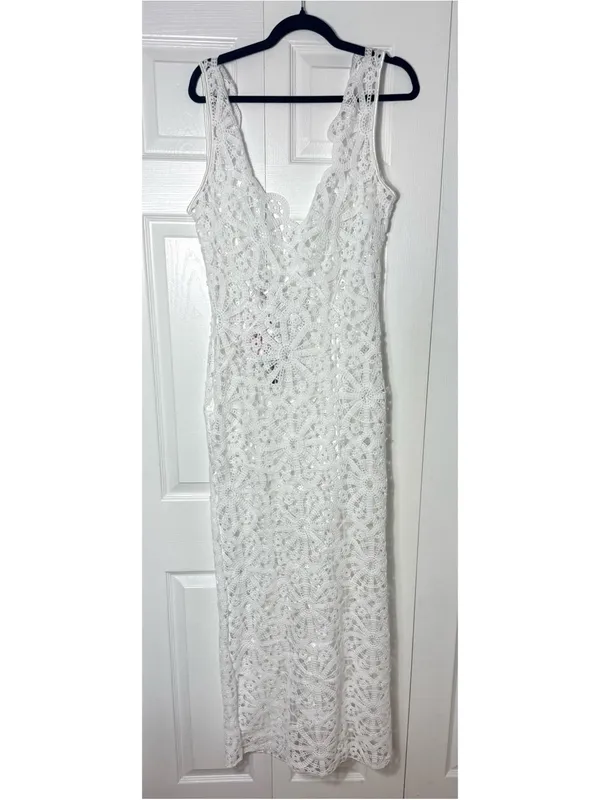 PrettyLittleThing White Flower Crochet Plunge Beach Cover Up Maxi Dress XL NWT - Image 8