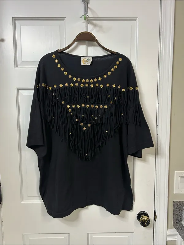 Vintage Black Fringe Top with Gold Stud Accents - Image 2