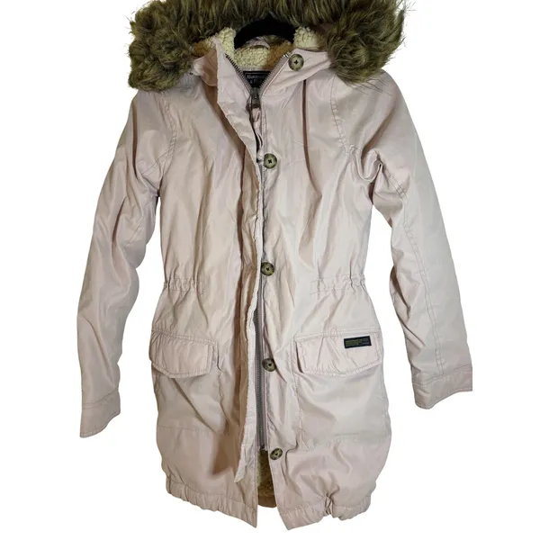 Abercrombie Fitch Pink Sherpa Lined‎ Parka Jacket Hooded Fur Trim XS - Image 7