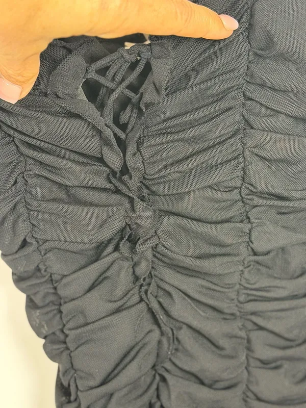 American Threads Black Ruffle Mesh Ruched Bodysuit - Image 5