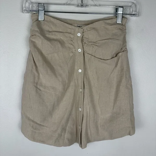 House of CB Tayo Beige‎ Linen Gathered Waist Mini Skirt Women’s Sz XS - Image 4
