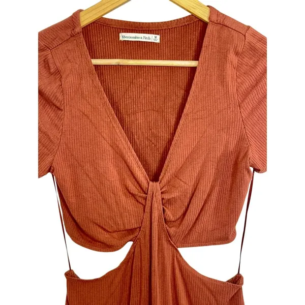 Abercrombie & Fitch Brown Ribbed Knit Cutout Ruched Mini Dress Womens Size M - Image 5