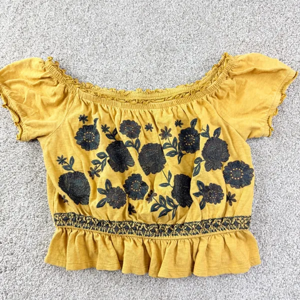 American Eagle‎ Embroidered Floral Crop Top Womens M Boho Off Shoulder Peasant - Image 2