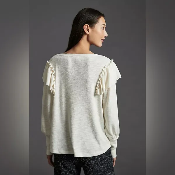Pilcro Cozy Popover‎ top Anthropologie ivory ruffle v neck blouse - Image 2