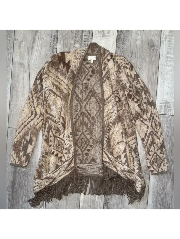 Lucky Neutral Boho Folk Aztec Western Fringe Open Front Cardigan size small - Image 8
