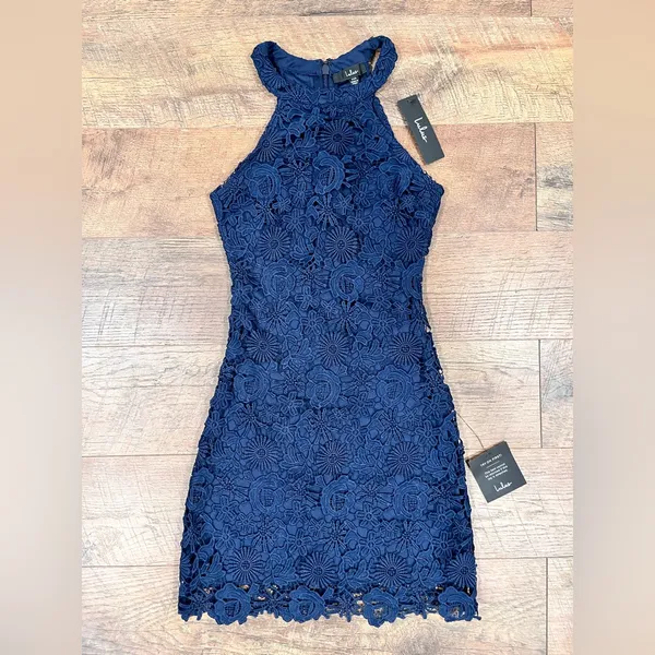 NEW Lulus Love Poem Navy Blue Lace Bodycon Halter Dress - Image 11