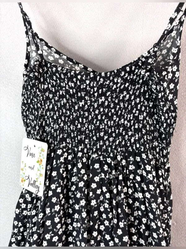 Vine and Valley M Ditsy Ruffle Trim Black Floral Maxi Sun Dress w Smocked Empire - Image 5
