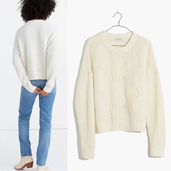 Madewell • Everett Rib-Play Pullover Sweater cream chunky cable knit alpaca - Image 10