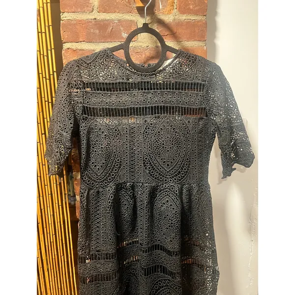 BRASS & ROE Black Romantic Gothic Eyelet Lace Midi Dress XS - Image 3