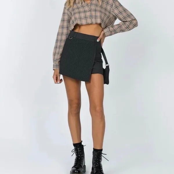 Princess Polly Black Everly Pinstripe‎ Skort Asymmetrical Wrap Front D-Ring 6 - Image 2