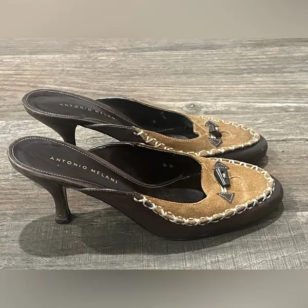 Antonio Melani Heels Kitten Suede & Leather Moccasin Style Brown - Image 4