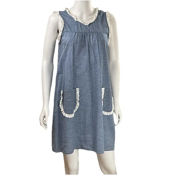 Tuckernuck Chambray Lotte Blue Dress Lace Trim S pockets‎ cottagecore cover-up - Image 3
