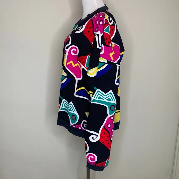 Vintage Bright 90s Pullover Cotton Sz XL Geometric Pattern Black - Image 3
