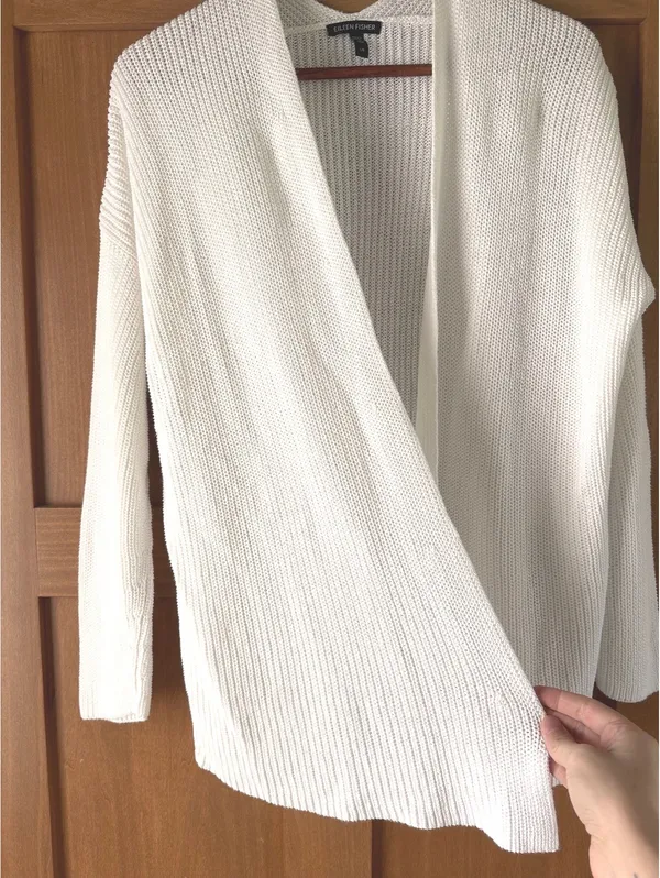 Eileen Fisher Organic Linen Cotton Ivory Knit Open Front Cardigan Women’s Large - Image 4
