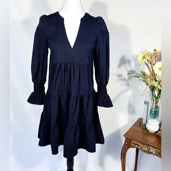 Pomander Place Kenzo Navy Cotton Poplin Tiered Dress Ruffle Sleeve~S🧡 - Image 12