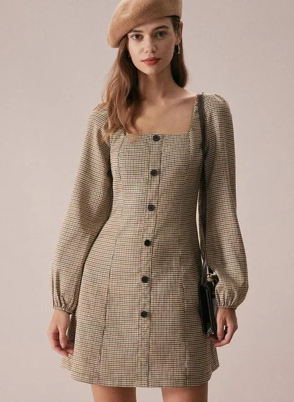 RIHOAS The Khaki Square Neck Plaid Button Mini Dress M 68 - Image 2