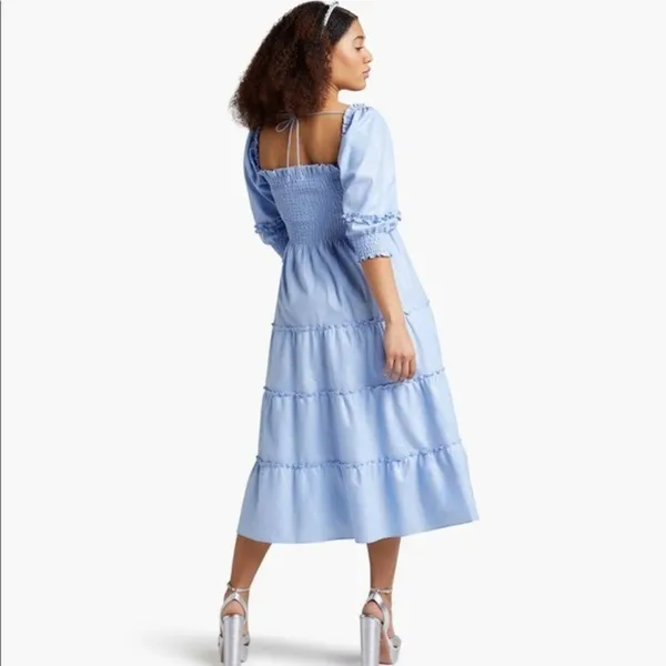 NWT Hill House Nesli Nap Dress in Light Blue Glitter Check Smocked Midi S - Image 6
