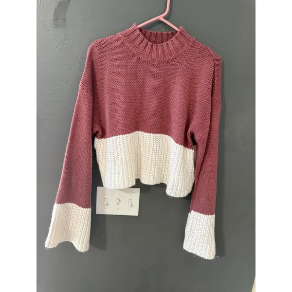 Derek Heart Womens Colorblock Mock Neck Bell Sleeve Cropped Knit Sweater Large - Image 3