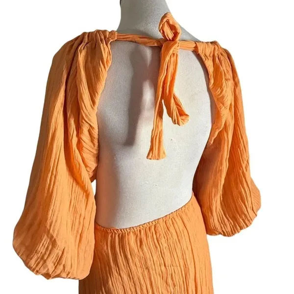 VICI Womens Open Back Balloon Sleeve Mini Dress Size S Orange Crinkle Textured - Image 7