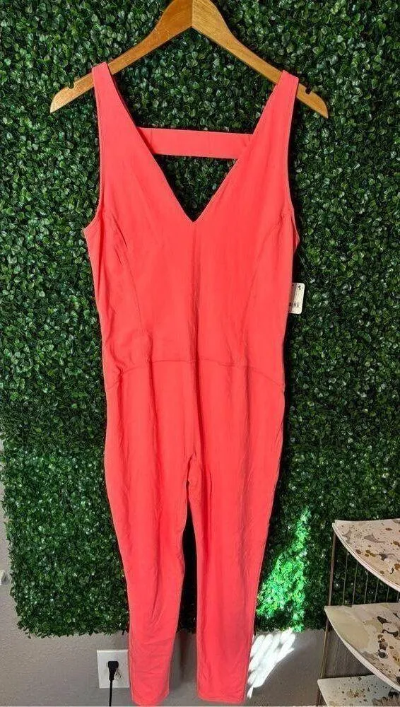 Free People Never Better One Piece Jumpsuit Workout Neon Coral Women's Large NWT - Image 3