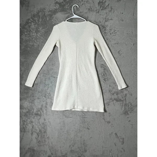 Joah Brown Ivory Ribbed Long Sleeve Mini Bodycon Dress Minimalist Clean Girl M/L - Image 3