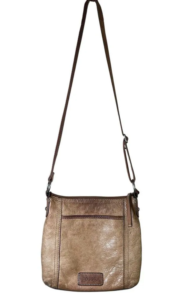 VTG FOSSIL Genuine Leather Brown Crossbody Bag Tan Satchel Zip-Top Key Charm Y2K - Image 2