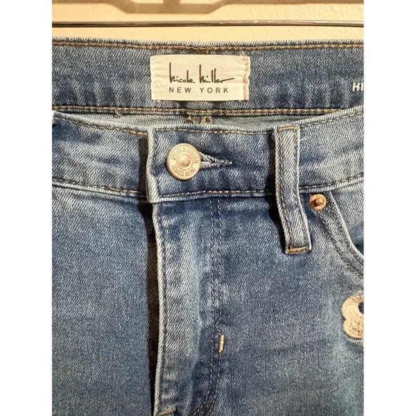 Nicole Miller Soho Bootcut Jeans Womens 8 Blue Excellent Floral Embroidered High - Image 6