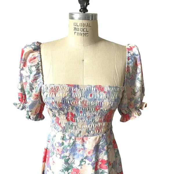 Astr Puff Sleeve Smocked Bust Midi Pastel Print Floral Dress Size Small - Image 3