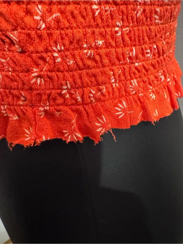 Urban Outfitters Orange Floral Smocked Tie-Front Long Sleeve Crop Top - Image 4