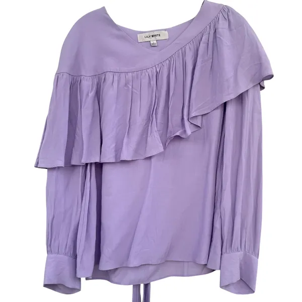 & Other Stories Lily White Lilac Purple Large (L) Ruffle Blouse Neck Bow Preppy - Image 3