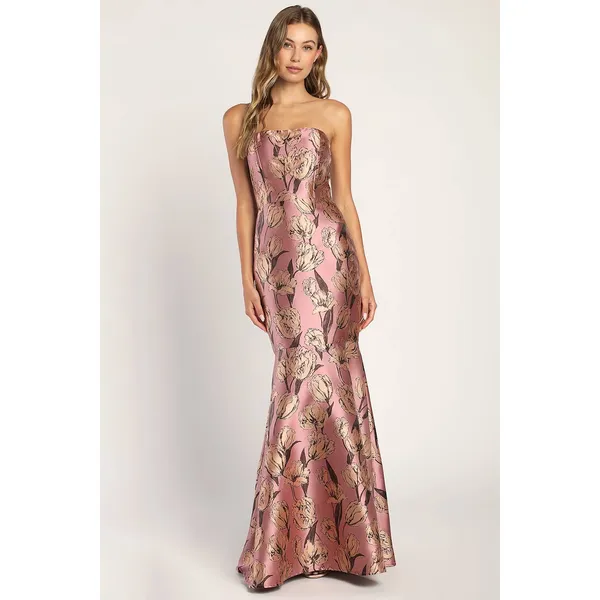 NWT Lulus Gowning Around Mauve Floral Jacquard Strapless Maxi Dress Party Gala L - Image 3
