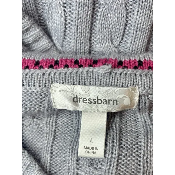 Dressbarn Gray Cable Knit Hoodie Sweater L Pink Fair Isle Trim - Image 3
