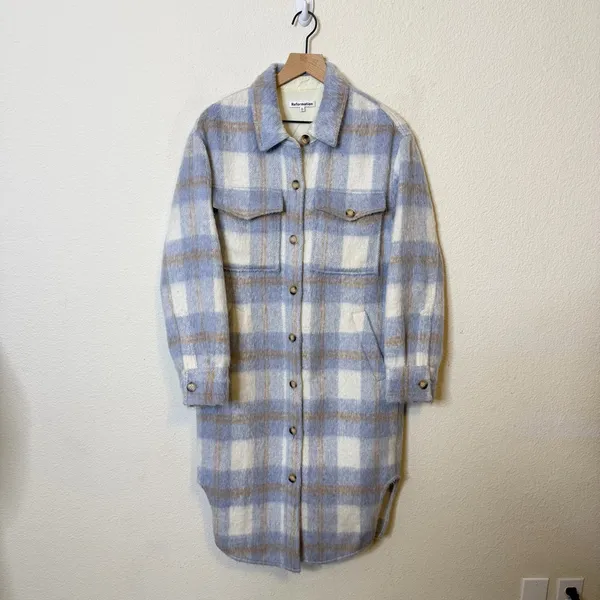 Reformation Ainslie Blue Plaid Wool Shacket Coat Button Front‎ Womens Size S - Image 4
