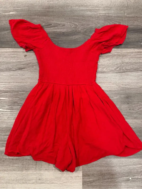 Hollister Women’s Red Smocked Romper Puff Sleeve Viscose Size XS - Image 8