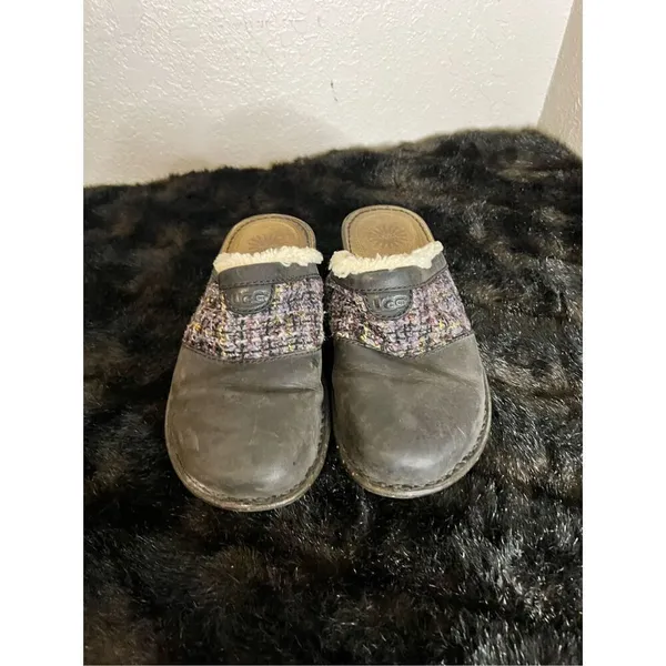 UGG Australia Opaline Black Leather Purple Black Tweed Clog Mule Shoes Size 9 - Image 2