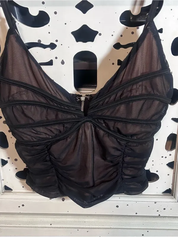 Forever 21 Women’s S Black Sheer Mesh Ruched Cami Top Zip Front Corset Style - Image 2
