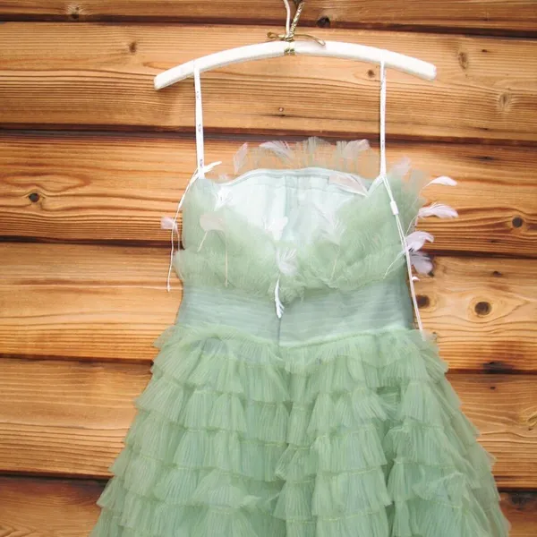 MAC DUGGAL 20530 Green Strapless Ruffle Gown with Feathers - Image 12